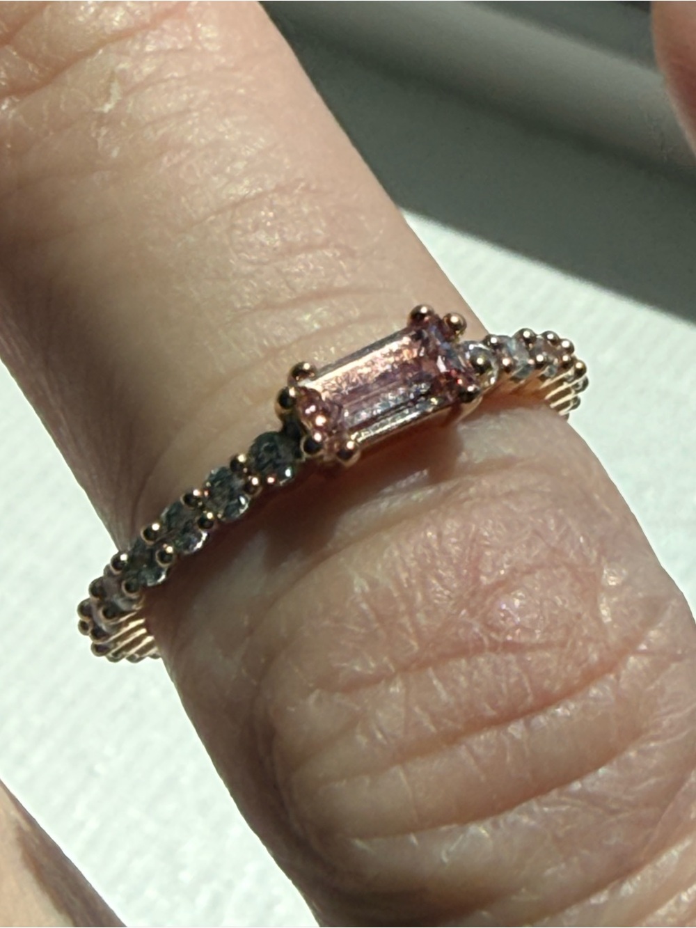 Swarovski Rose Gold Pink Emerald-Cut Gemstone Ring with Pavé Band-Sz 6